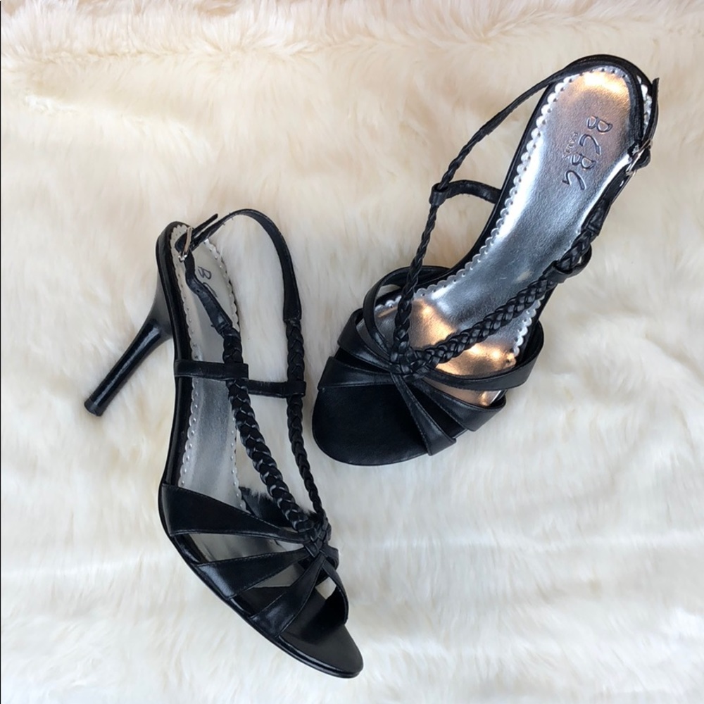 BCBG Paris Black Leather Strappy High Heel Sandal